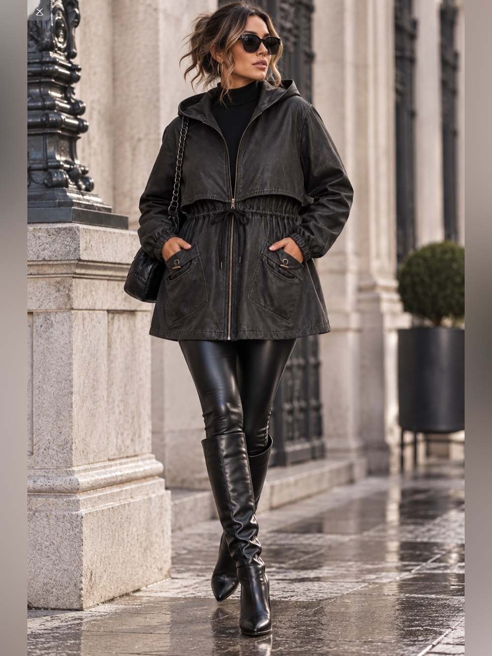 Current Seen 3X Black Leather Look Hooded Parka Jacket Y2K Plus Size 3XG Coat